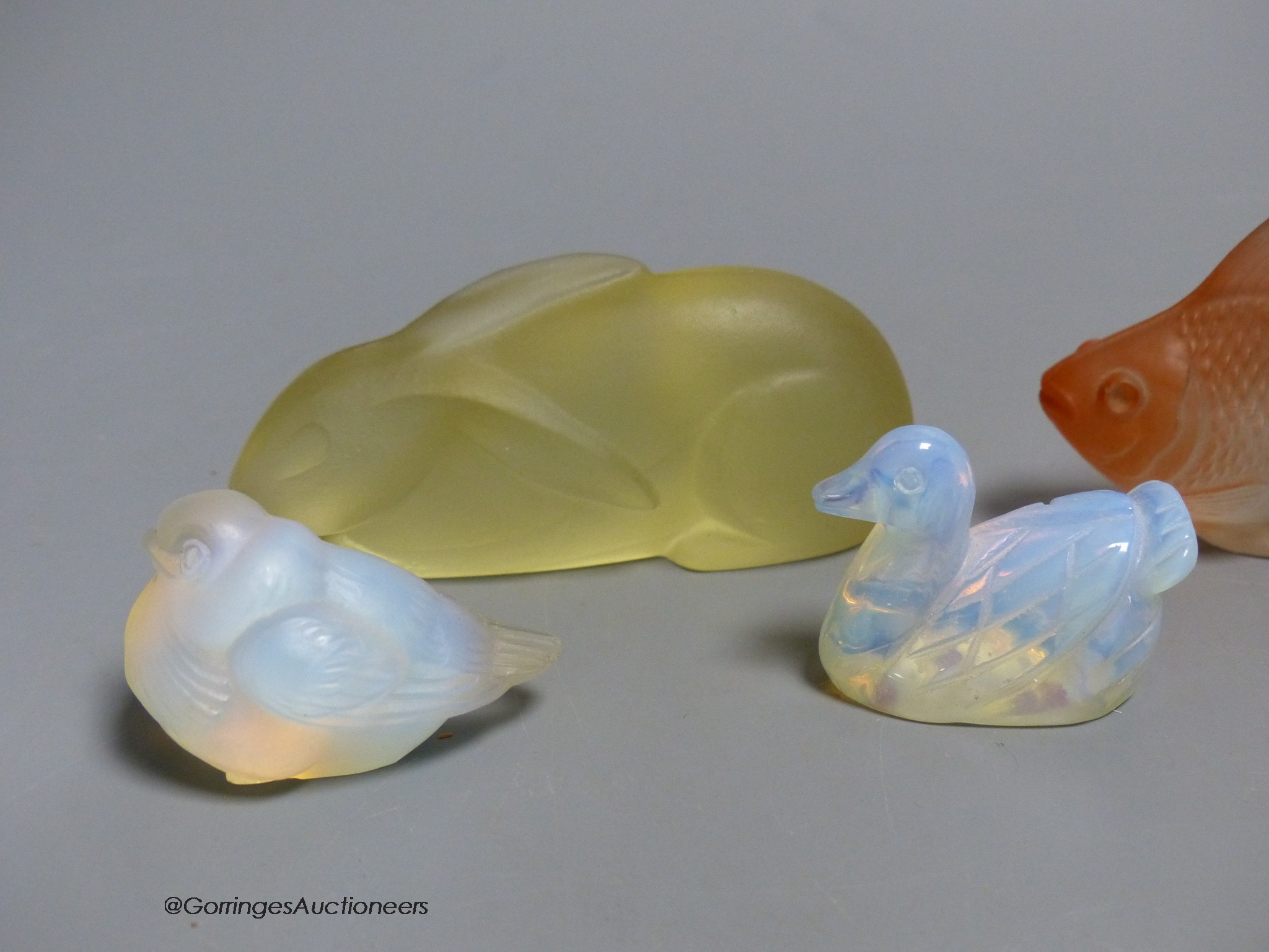 A Lalique owl, 6cm, and other miniature glass ornaments